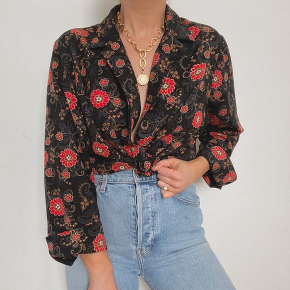 Vintage Tops - Retro Black & Red Floral Blouse